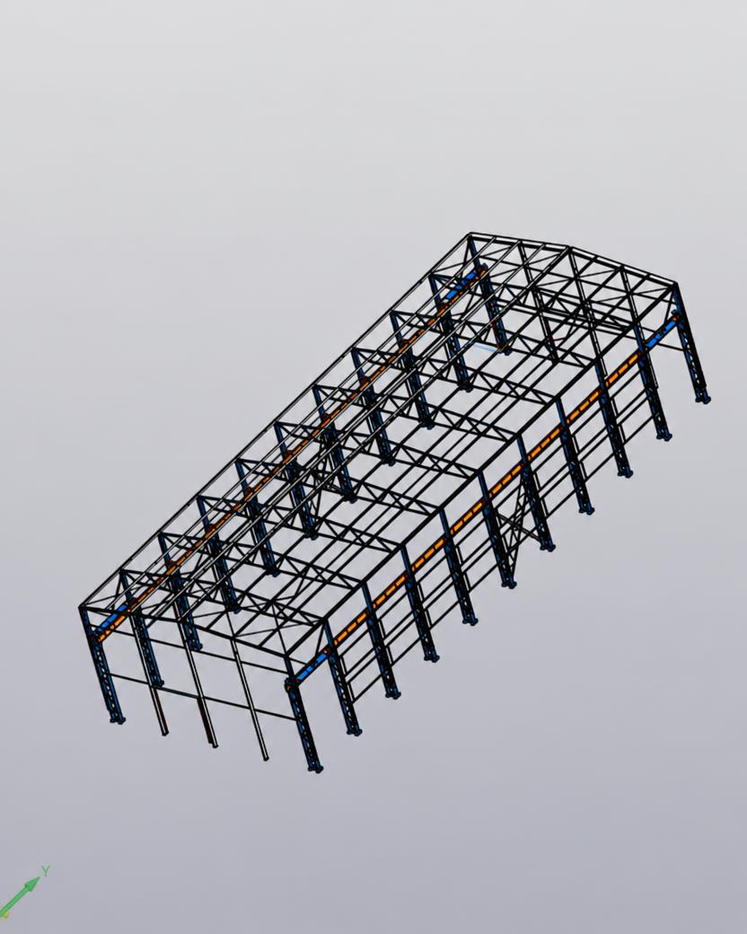 3D model of the steel frame of a production hangar in a CAD viewport: lattice columns, roof trusses and purlins as a wireframe